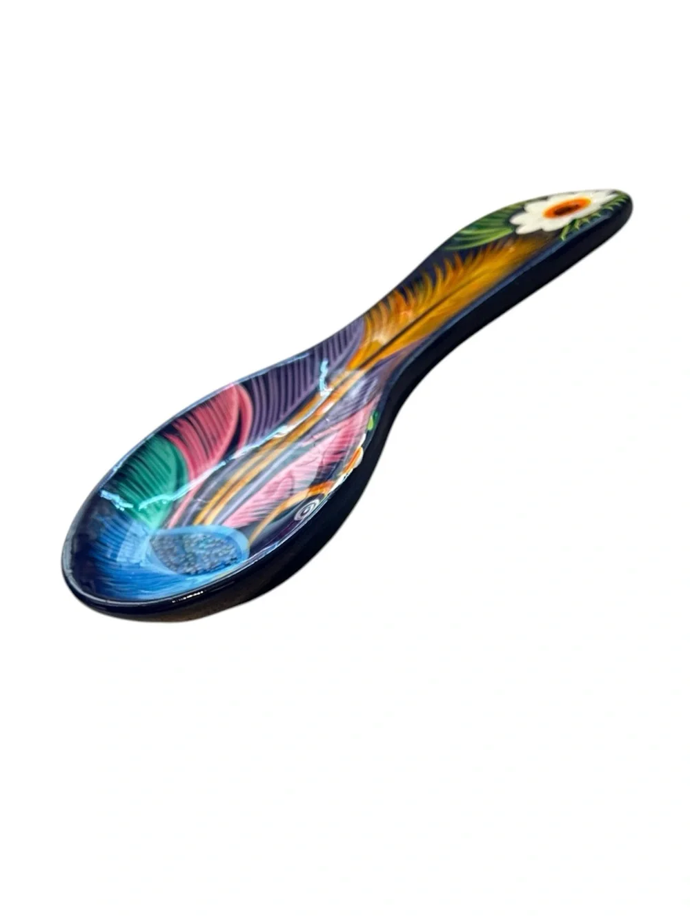 Hand-Painted Blue & Multicolor Ceramic Bird Spoon Rest